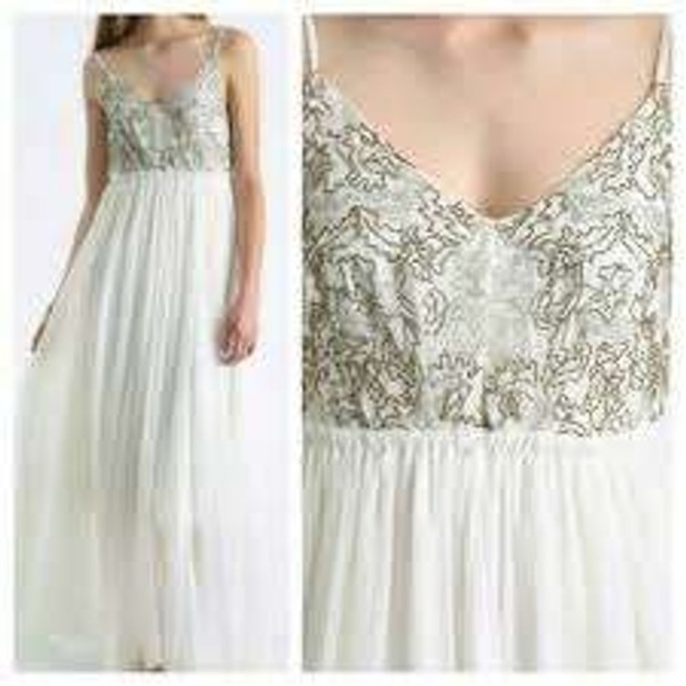 Raga Womens Beige Beaded V Neck Embellished Boho Elegant Maxi Dress M
